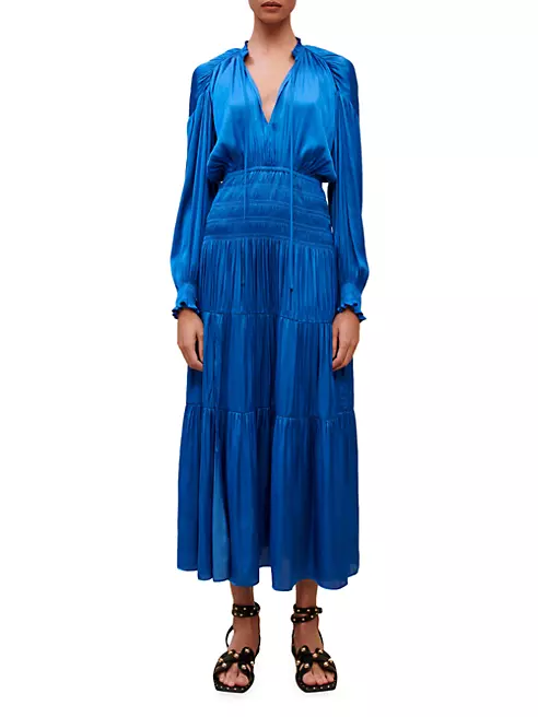Shop Maje Rovel Satin Shirred Maxi Dress | Saks Fifth Avenue