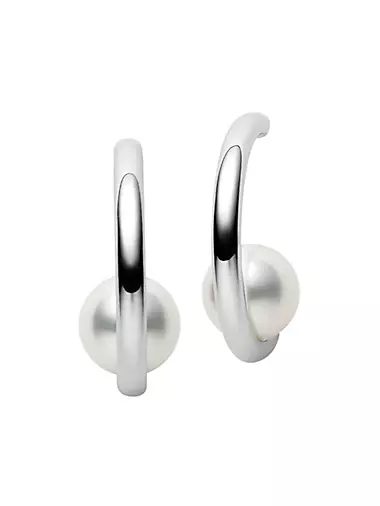 7.5MM White Round Akoya Pearl 18K White Gold Huggie Hoop Earrings
