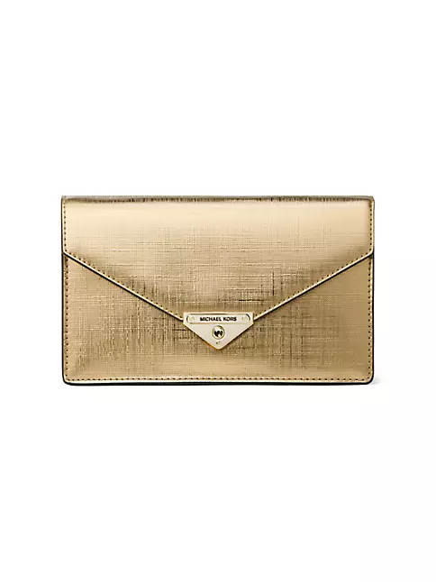 Michael Kors Grace Medium Metallic Leather Envelope Clutch- Gold