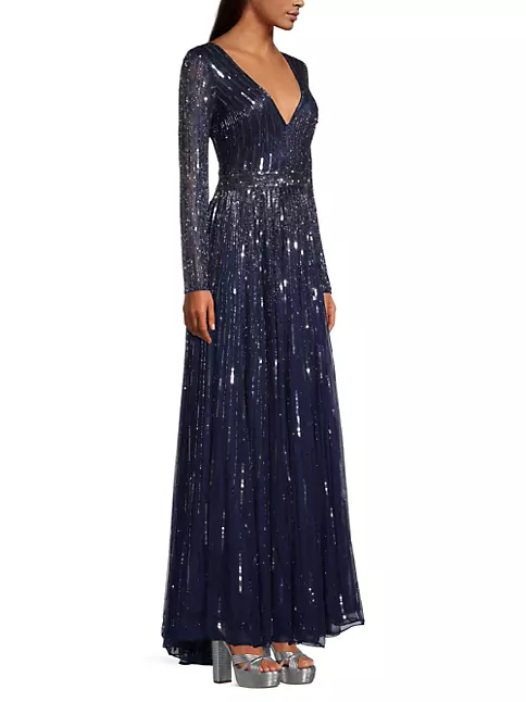 Shop Mac Duggal Long-Sleeve Bead & Sequin Gown | Saks Fifth Avenue