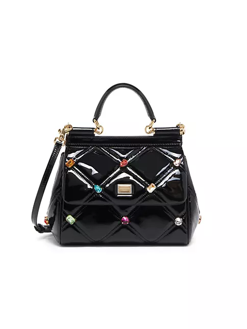 Dolce And Gabbana Small Sicily Quilted Patent Leather Jeweled Satchel