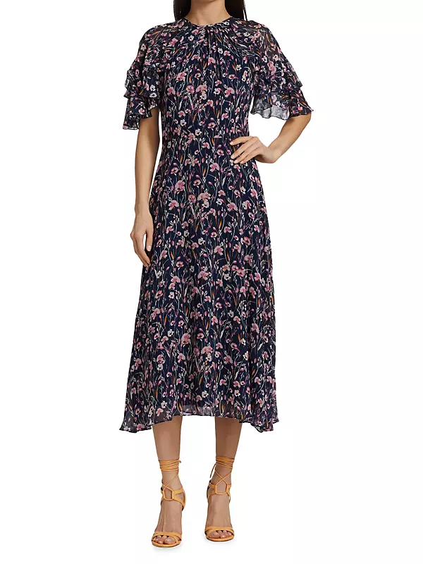 Shop Teri Jon by Rickie Freeman Floral Ruffle-Sleeve Midi-Dress | Saks ...