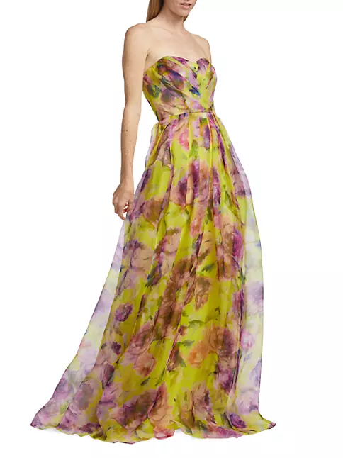 Shop Badgley Mischka Pleated Floral Silk Organza Gown | Saks Fifth Avenue