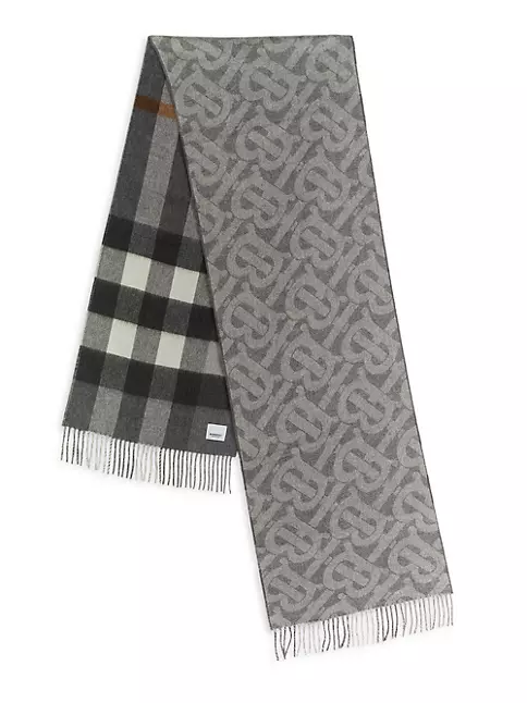 Burberry Mid Grey Reversible Check and Monogram Cashmere Scarf
