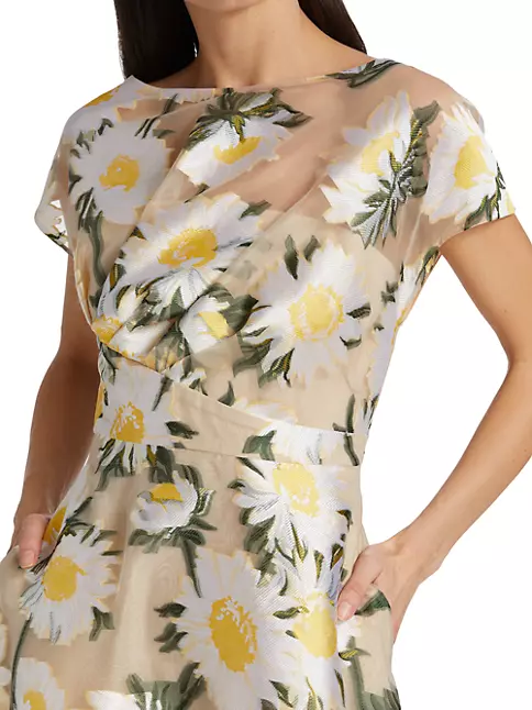 Shop Lela Rose Sunflower-Print Fil Midi-Dress Saks Fifth