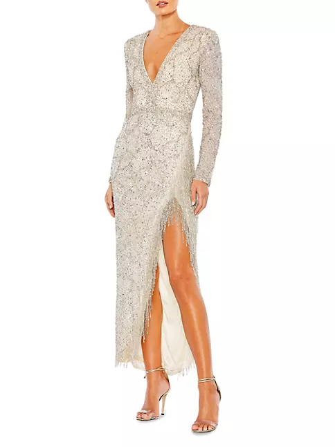 Shop Mac Duggal Embellished Long-Sleeve V-Neck Beaded-Hem Gown | Saks ...