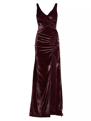 Womens Velvet Dress V-Neck Spaghetti Straps Maxi Dress Backless Wrap Side  Slit Velvet Cocktail Party Dress 