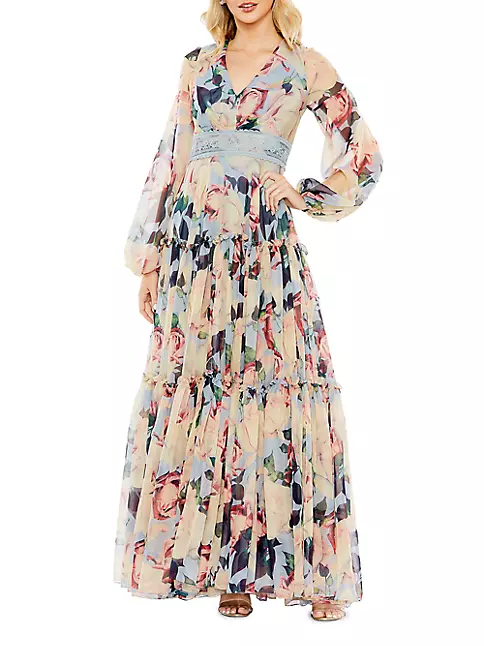 Shop Mac Duggal Floral Chiffon Puff-Sleeve Gown | Saks Fifth Avenue