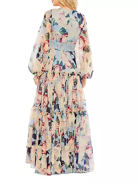 Shop Mac Duggal Floral Chiffon Puff-Sleeve Gown | Saks Fifth Avenue