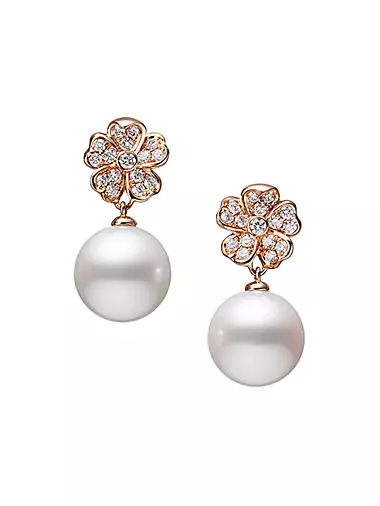 Cherry Blossom 18K Rose Gold, Diamond & Pearl Drop Earrings