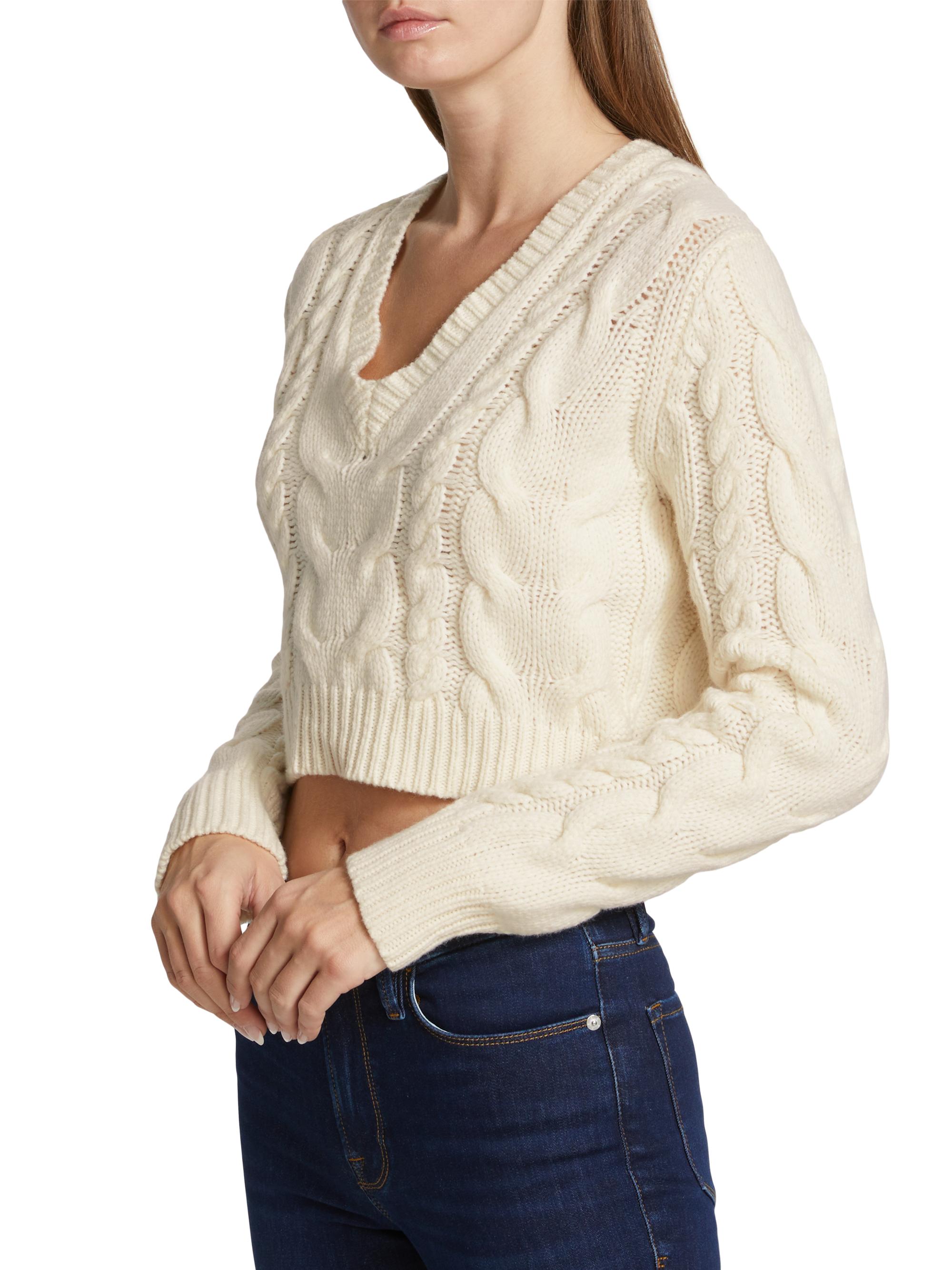 Shop Frame Cropped Cable Knit V-neck Sweater | Saks Fifth Avenue