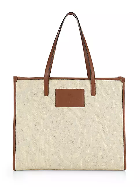 Paisley Leather Trimmed Tote Bag in Beige - Etro
