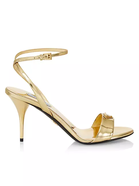 Shop Prada Metallic Leather High-Heel Logo Sandals | Saks Fifth Avenue
