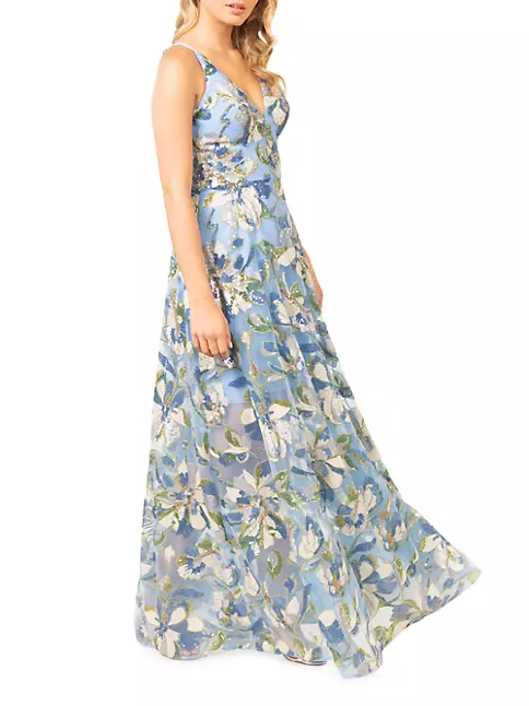 Shop Dress The Population Ariyah Floral Sequin Flared Gown | Saks Fifth ...