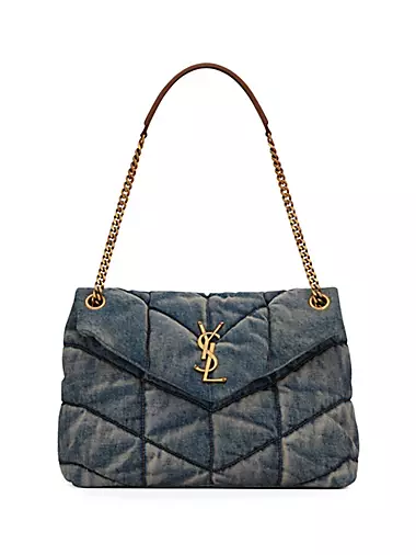 Puffer Medium Chain Quilted Denim and Suede Crossbody Bag