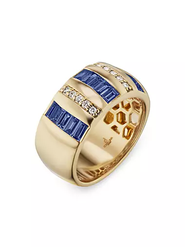 Tarot 18K Yellow Gold, Blue Sapphire, & 0.08 TCW Diamond Ring