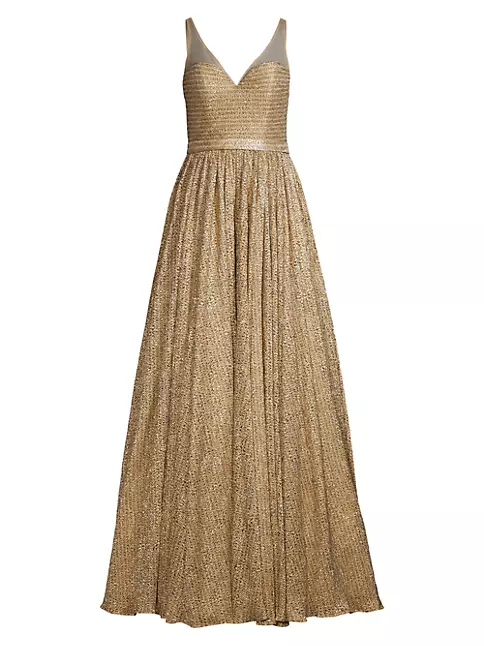 Shop Basix Illusion Metallic-Knit Flared Gown | Saks Fifth Avenue