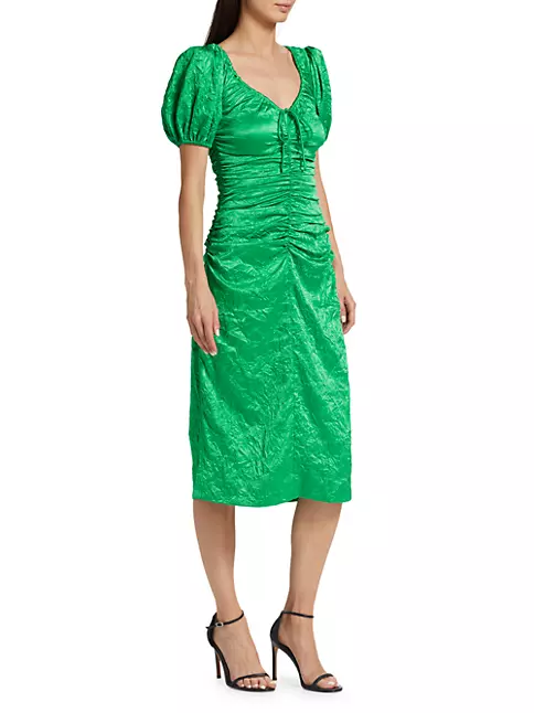 Shop Ganni Crinkled Satin Gathered Midi-Dress | Saks Fifth Avenue