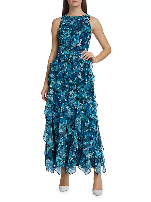 Shop Badgley Mischka Floral Ruffle-Embellished Dress | Saks Fifth Avenue