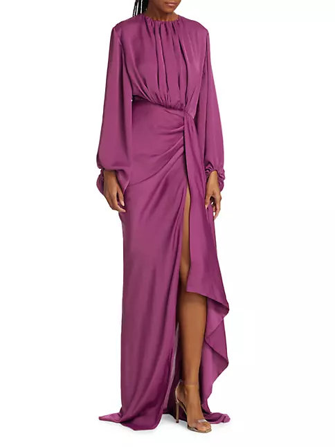 Shop Michael Costello Collection Eden Draped Long-Sleeve Gown | Saks ...