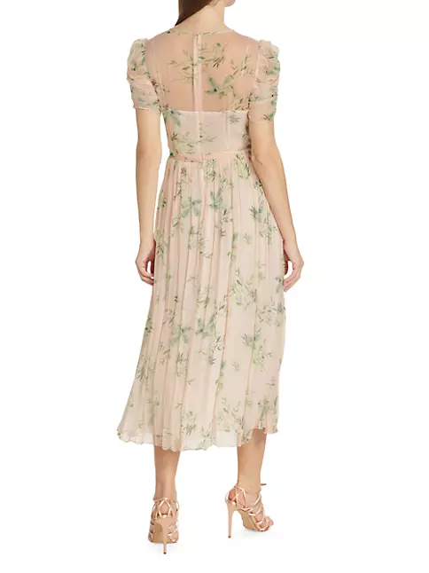 Shop ML Monique Lhuillier Floral Chiffon Pleated Midi-Dress | Saks ...
