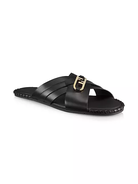 Shop Fendi O'Lock Vitel Leather Slides | Saks Fifth Avenue