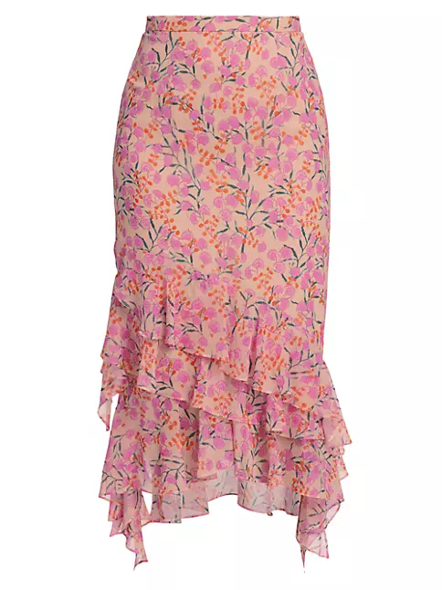 Shop Saloni Lita Floral Silk Chiffon Ruffled Midi Skirt | Saks Fifth Avenue