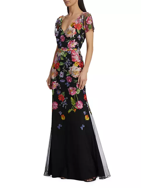 Shop Marchesa Notte Floral-Embroidered Tulle Lace-Up Gown | Saks Fifth ...