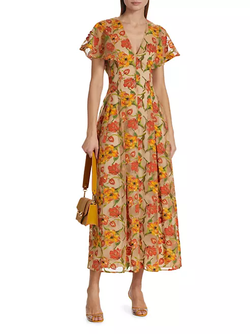 Shop Lela Rose Embroidered Tulle V-Neck Midi-Dress | Saks Fifth Avenue
