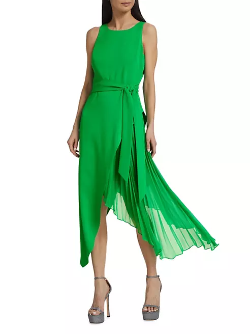 Shop Badgley Mischka Asymmetric Pleated Midi-Dress | Saks Fifth Avenue