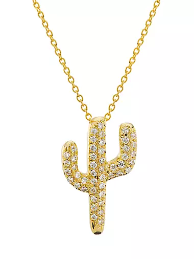 18K Yellow Gold & 0.25 TCW Diamond Cactus Pendant Necklace