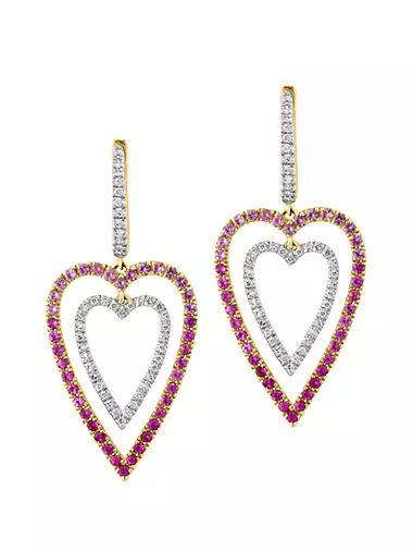 14K Yellow Gold, Pink Sapphire & 0.37 TCW Diamond Double-Heart Drop Earrings