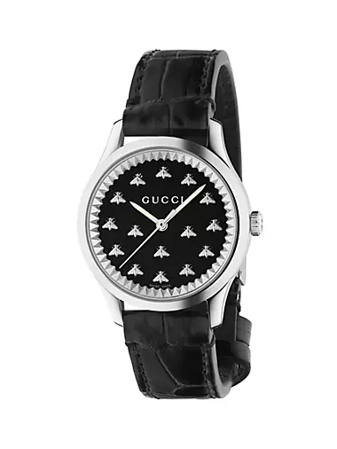 G-Timeless Stainless Steel, Black Onyx & Alligator-Effect Leather Bee Watch