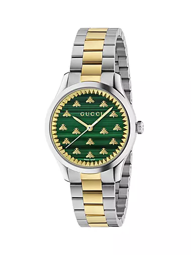 G-Timeless 18K Yellow Gold, Stainless Steel & Malachite Bee Watch