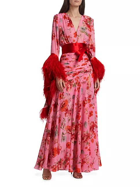 Shop Bronx and Banco Geisha Poppy Feathered Chiffon Wrap Gown | Saks ...