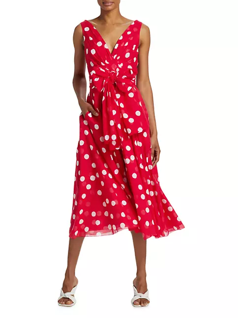 Shop Samantha Sung Vivien Belted Polka Dot Midi-Dress | Saks Fifth Avenue