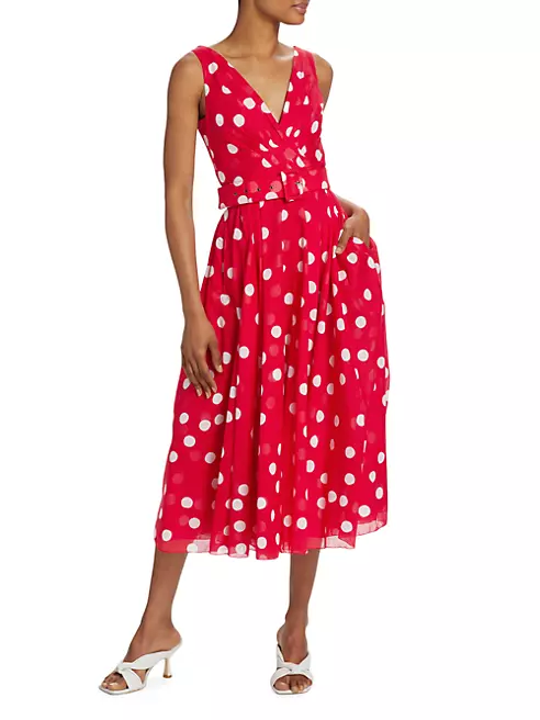 Shop Samantha Sung Vivien Belted Polka Dot Midi-Dress | Saks Fifth Avenue