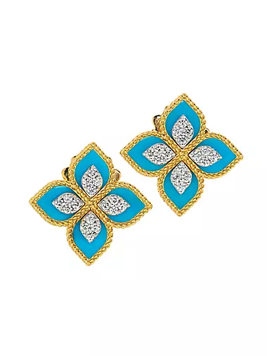 Venetian Princess 18K Yellow Gold, Turquoise & 0.35 TCW Diamond Flower Stud Earrings