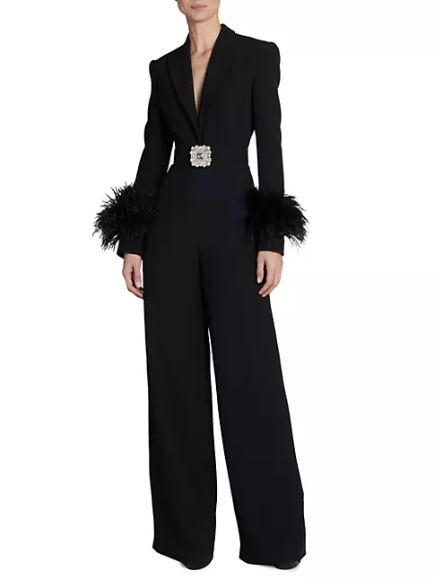 Shop Andrew Gn Feather-Embellished Belted Jumpsuit | Saks Fifth Avenue