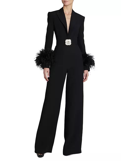 Shop Andrew Gn Feather-Embellished Belted Jumpsuit | Saks Fifth Avenue