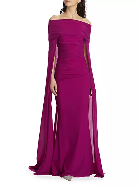 Shop Talbot Runhof Stretch-Tulle Cape Gown | Saks Fifth Avenue