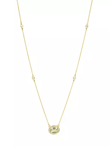 14K Yellow Gold, Green Amethyst & 0.27 TCW Diamond Halo Pendant Necklace