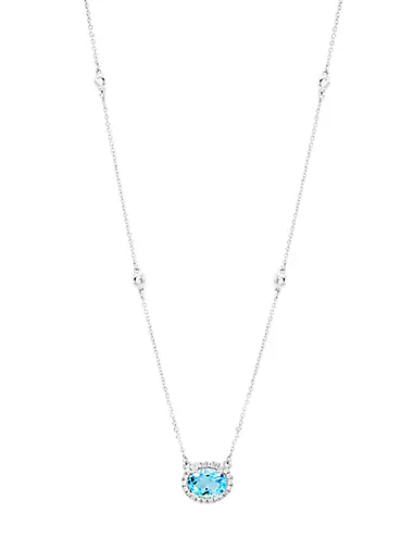 14K White Gold, Blue Topaz & 0.27 TCW Diamond Halo Pendant Necklace