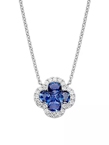 14K White Gold, Blue Sapphire & 0.16 TCW Diamond Clover Pendant Necklace
