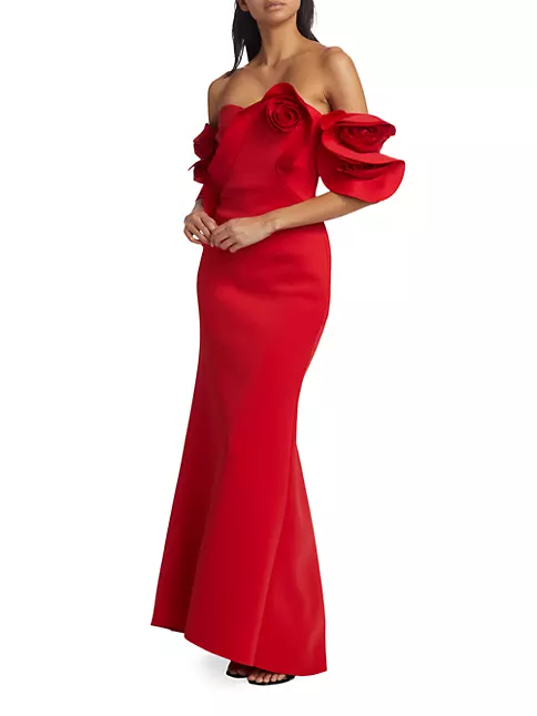 Shop Badgley Mischka Rose Swirl Off-the-Shoulder Gown | Saks Fifth Avenue