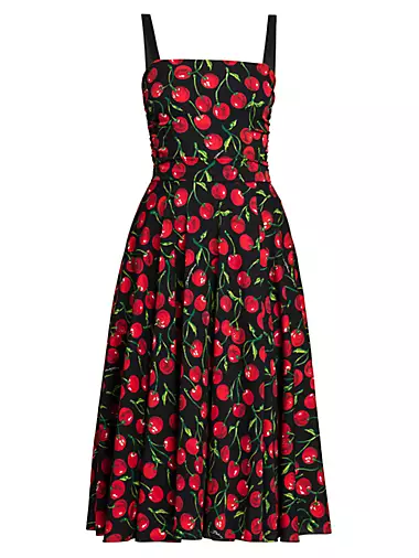 Cherry Print Charmeuse Midi Dress
