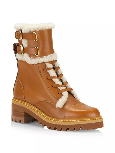 Shop See by Chloé Mallory Shearling-Trimmed Leather Lace-Up Boots ...