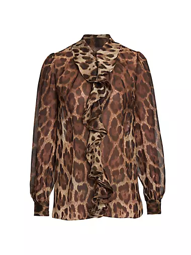 Ruffle & Leopard-Print Silk Blouse