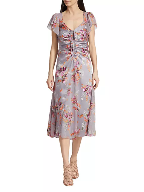 Shop Cinq à Sept Terrence Satin Floral Midi-Dress | Saks Fifth Avenue