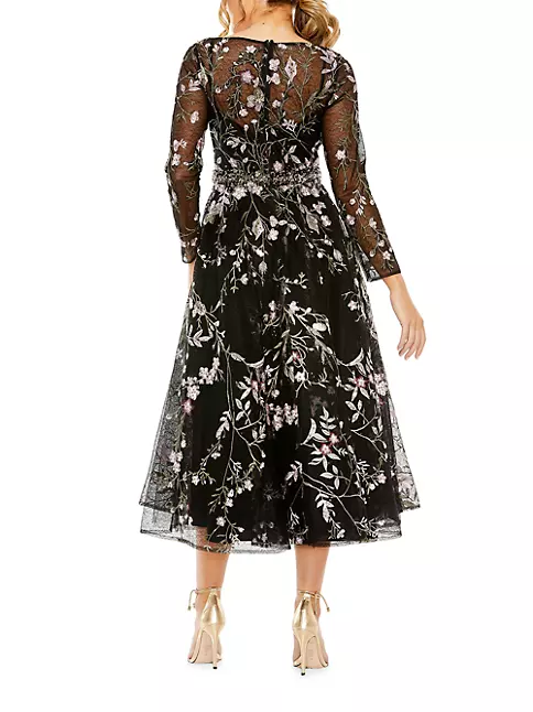 Shop Mac Duggal Embroidered Floral Tulle Midi Dress | Saks Fifth Avenue
